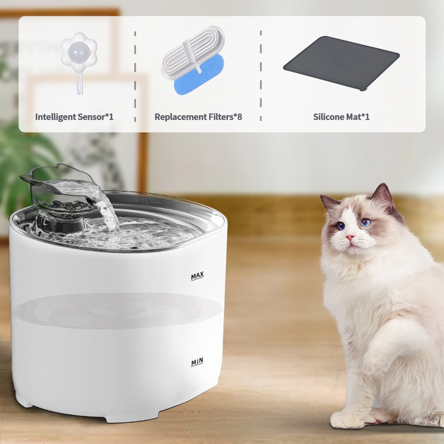 Aputtriver Cat Water Fountain with Smart Sensing, 2.2L Pet Water Fountain with 8 Filters & 1 Silicone Mat